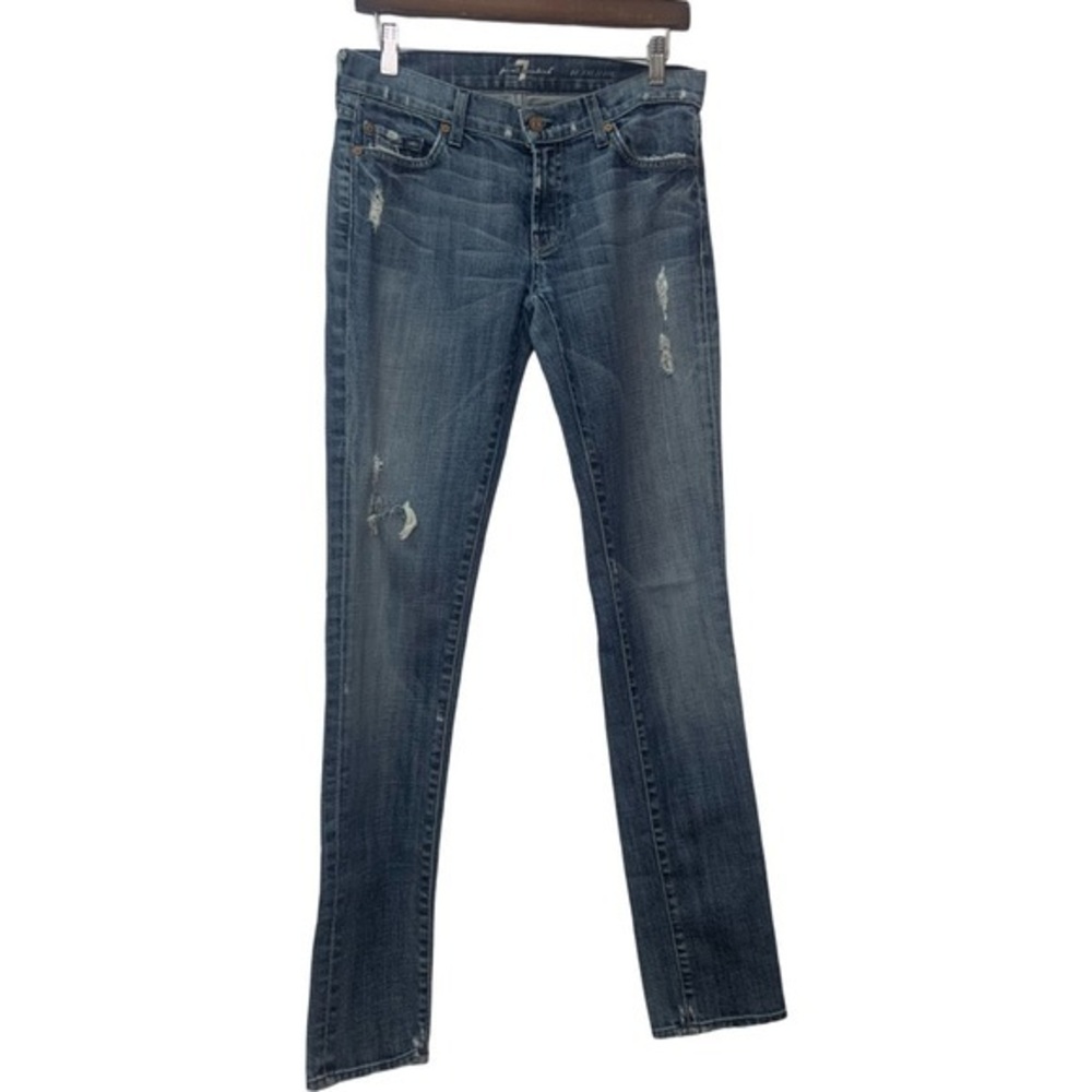 7 For All Mankind Roxanne Distressed Mid Rise Medium Blue Wash Denim Jeans